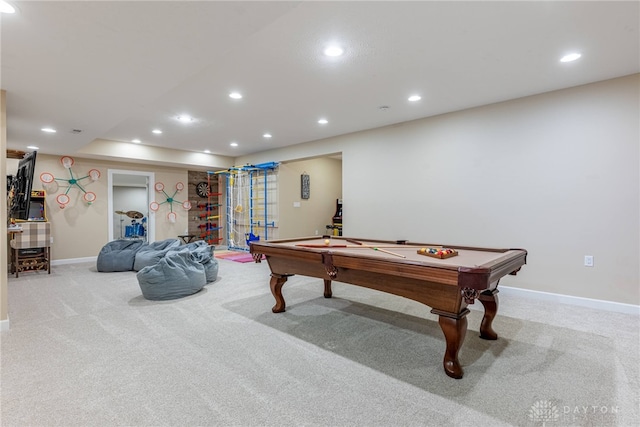 playroom with carpet floors, recessed lighting, billiards table, and baseboards