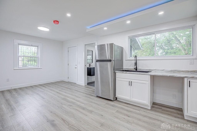 3200 Hoover Ave, Dayton, OH 45402 - kitchen with freestanding refrigerator, a sink, healthy amount of natural light, white cabinetry, and recessed lighting