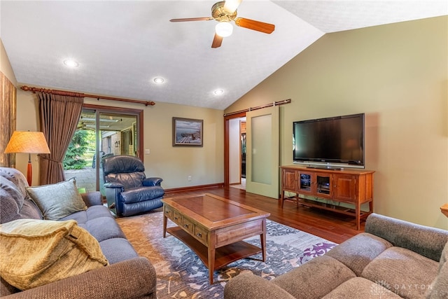 2100 Hunters Bluff Ct, Washington Twp, OH 45458 - living room with lofted ceiling, ceiling fan, wood finished floors, a barn door, and recessed lighting