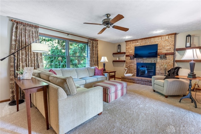 2100 Hunters Bluff Ct, Washington Twp, OH 45458 - carpeted living room featuring a ceiling fan, baseboards, and a fireplace