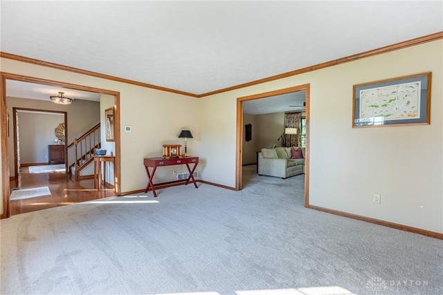 2100 Hunters Bluff Ct, Washington Twp, OH 45458 - carpeted spare room featuring baseboards, stairs, and crown molding