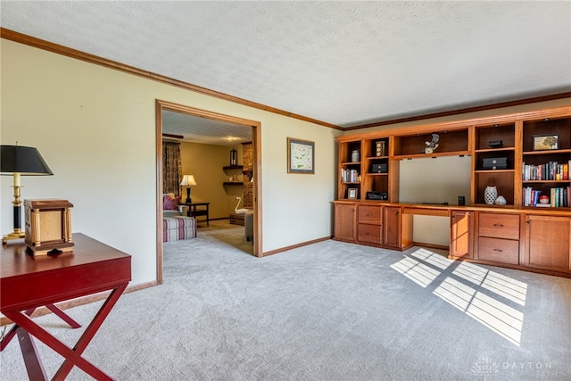2100 Hunters Bluff Ct, Washington Twp, OH 45458 - office space featuring light colored carpet, ornamental molding, built in study area, a textured ceiling, and baseboards