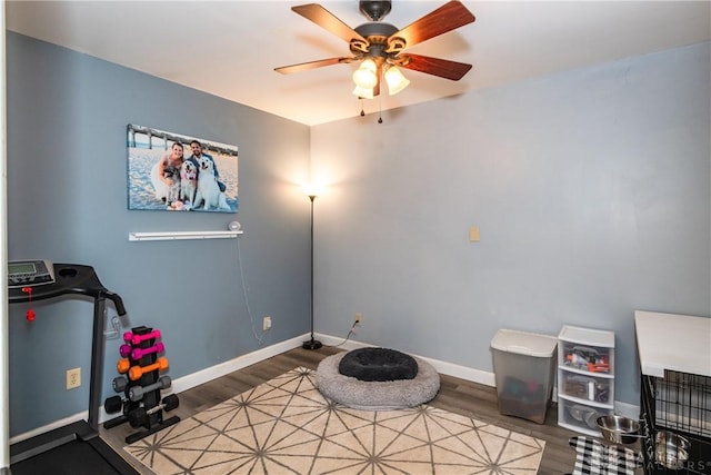 exercise area featuring wood finished floors, a ceiling fan, and baseboards