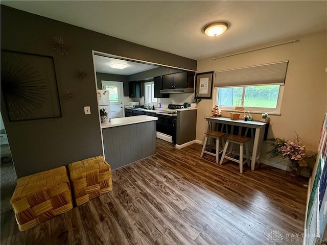 4065 Locustwood Dr, Dayton, OH 45429 - kitchen with stove, dark wood-type flooring, light countertops, a peninsula, and baseboards