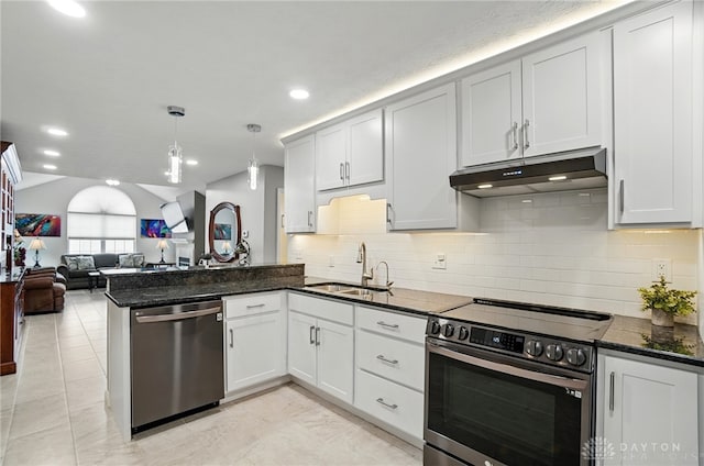 kitchen with stainless steel appliances, a sink, under cabinet range hood, a peninsula, and open floor plan
