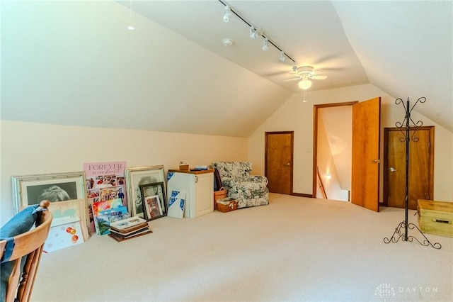849 Wind Blf, Springboro, OH 45066 - rec room with carpet floors, vaulted ceiling, a ceiling fan, and track lighting
