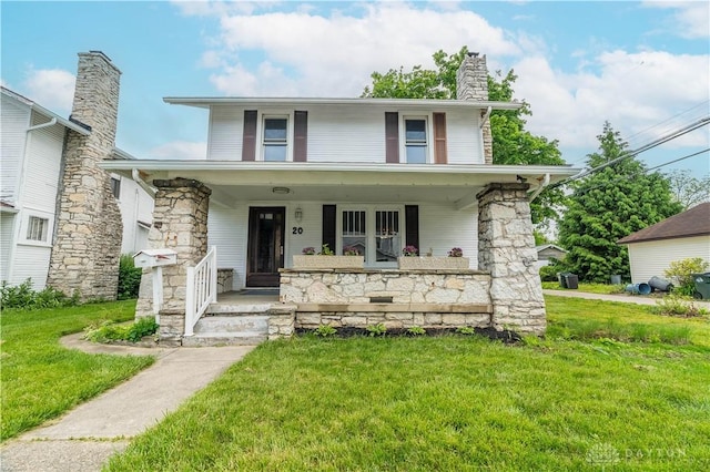20 N 10th St, Miamisburg, OH 45342 - view of front of property featuring covered porch, a chimney, a front lawn, and stone siding