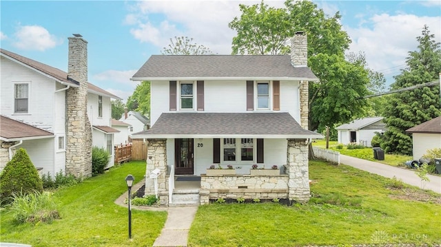 20 N 10th St, Miamisburg, OH 45342 - american foursquare style home featuring covered porch, stone siding, and a chimney