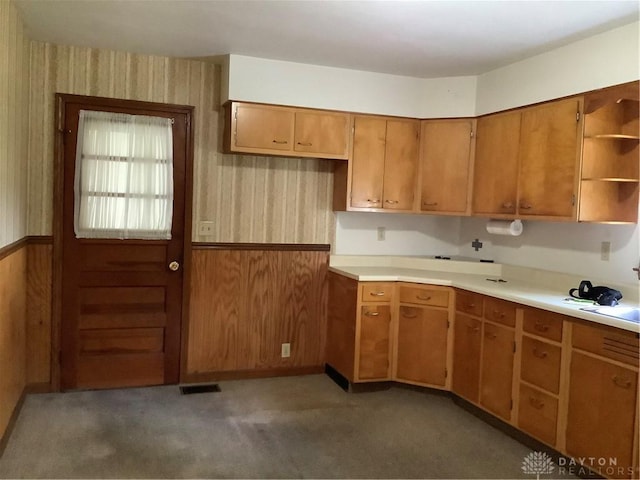 109 Anderson St, New Madison, OH 45346 - kitchen with open shelves, light carpet, light countertops, brown cabinets, and wooden walls