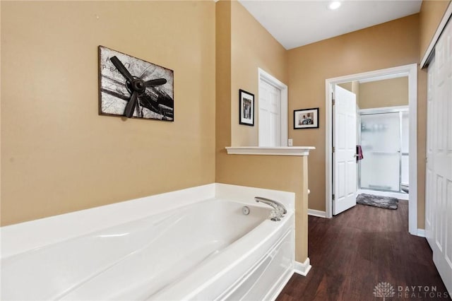 2684 Cedarbrook Way, Beavercreek, OH 45431 - bathroom with a stall shower, wood finished floors, a garden tub, and recessed lighting