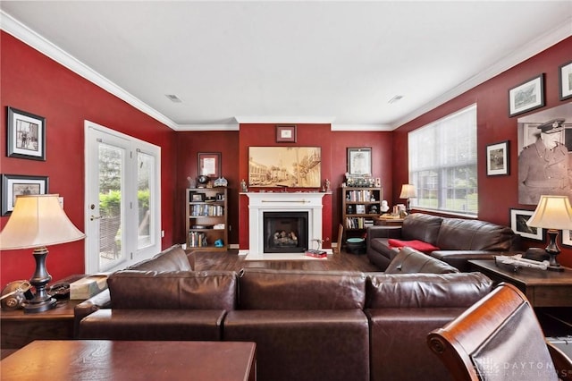2684 Cedarbrook Way, Beavercreek, OH 45431 - living area featuring ornamental molding, plenty of natural light, and a fireplace with flush hearth
