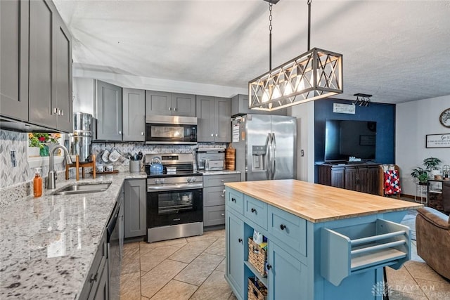 1493 N Sulphur Springs Rd, West Alexandria, OH 45381 - kitchen featuring stainless steel appliances, a sink, backsplash, butcher block counters, and gray cabinetry