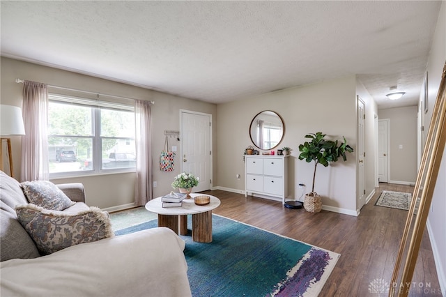 1139 Chalet Dr, New Carlisle, OH 45344 - living area featuring dark wood-style flooring, a textured ceiling, and baseboards