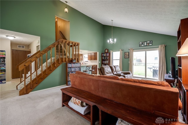 8869 Trowbridge Way, Dayton, OH 45424 - living area featuring a chandelier, carpet, stairs, high vaulted ceiling, and a textured ceiling