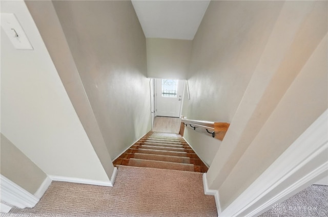 stairway with baseboards and carpet