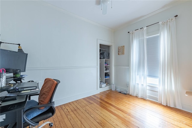 2526 Saint Charles Ave, Dayton, OH 45410 - home office with a decorative wall, hardwood / wood-style floors, crown molding, a ceiling fan, and a wainscoted wall