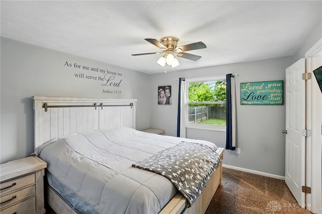 bedroom featuring carpet floors, baseboards, and ceiling fan