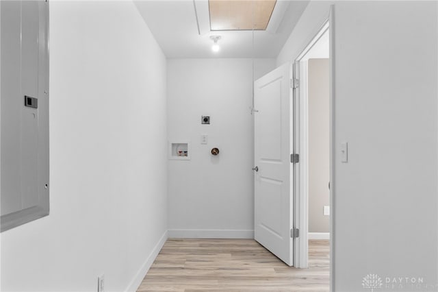 1439 Folk Ream Rd, New Carlisle, OH 45344 - washroom featuring hookup for an electric dryer, light wood-style flooring, attic access, hookup for a washing machine, and baseboards