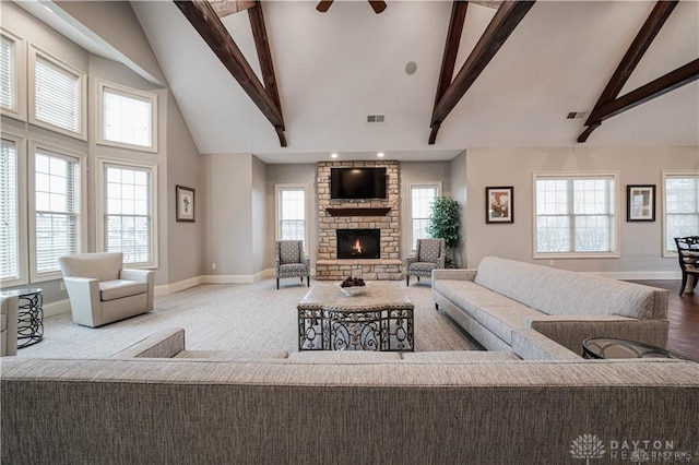 1264 Normandy, Clearcreek Twp, OH 45458 - living room with high vaulted ceiling, baseboards, a fireplace, beam ceiling, and ceiling fan