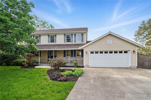 view of front of property featuring an attached garage, a porch, concrete driveway, and a chimney