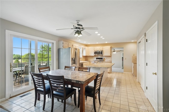 dining area featuring a ceiling fan, light tile patterned floors, recessed lighting, and baseboards