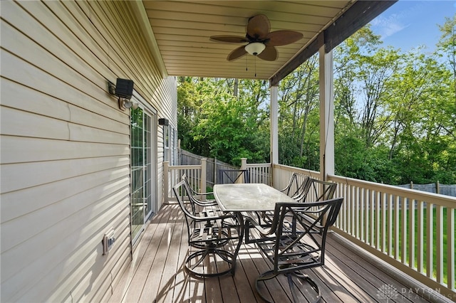 2337 Eastwind Dr, Beavercreek, OH 45434 - deck with outdoor dining space, a ceiling fan, and view of scattered trees