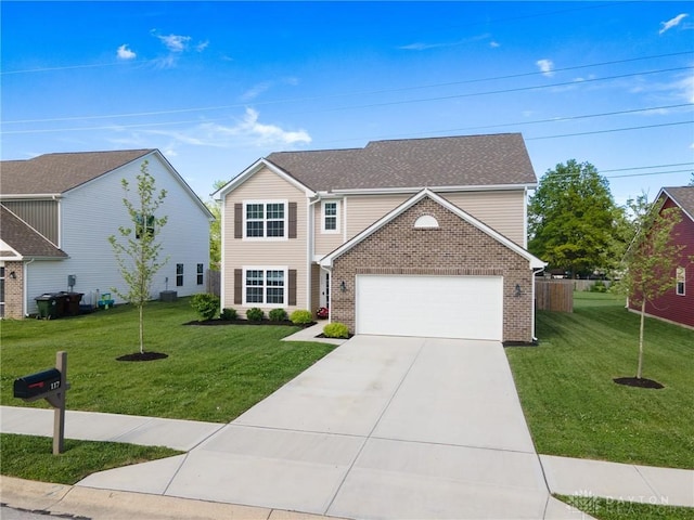 traditional home with a front yard, brick siding, concrete driveway, and a garage