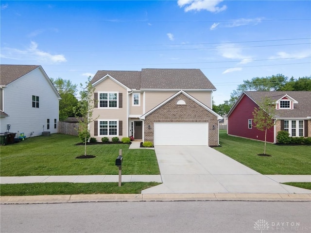 traditional-style house with driveway, a garage, and brick siding