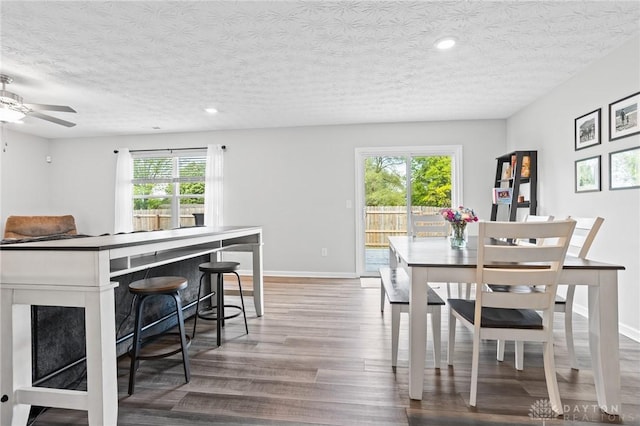 dining space featuring wood finished floors, plenty of natural light, a textured ceiling, recessed lighting, and baseboards