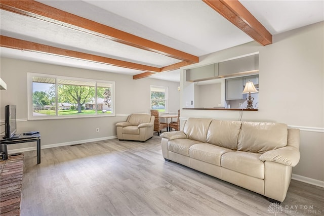 living room with beam ceiling, wood finished floors, and baseboards