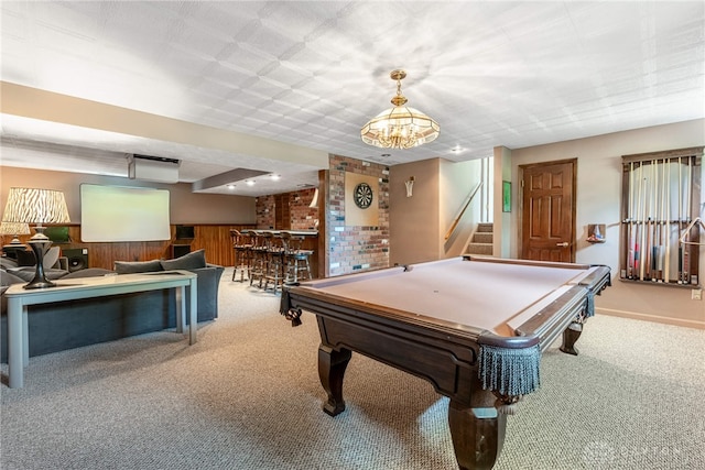 recreation room featuring carpet floors, a dry bar, and pool table