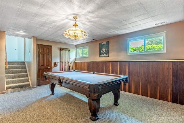 recreation room with carpet floors and billiards