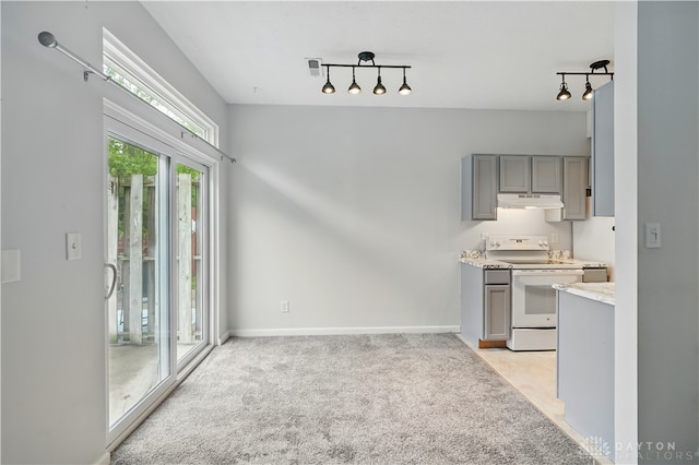 9670 Centerville Creek Ln, Washington Twp, OH 45458 - kitchen with white range with electric cooktop, gray cabinets, extractor fan, and track lighting