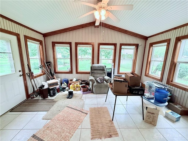 5778 Cedarwood Dr, Lewisburg, OH 45338 - living area with light tile patterned floors, a ceiling fan, and vaulted ceiling