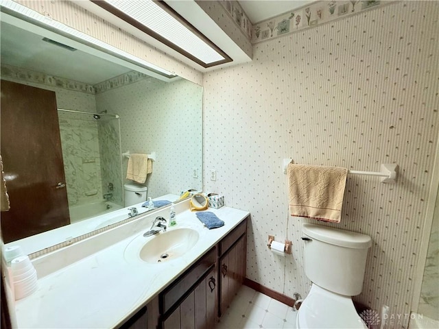 5778 Cedarwood Dr, Lewisburg, OH 45338 - full bathroom featuring toilet, vanity, shower / washtub combination, wallpapered walls, and baseboards