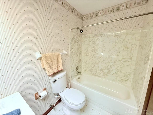 5778 Cedarwood Dr, Lewisburg, OH 45338 - bathroom featuring toilet, tile patterned floors, shower / bathtub combination, and wallpapered walls