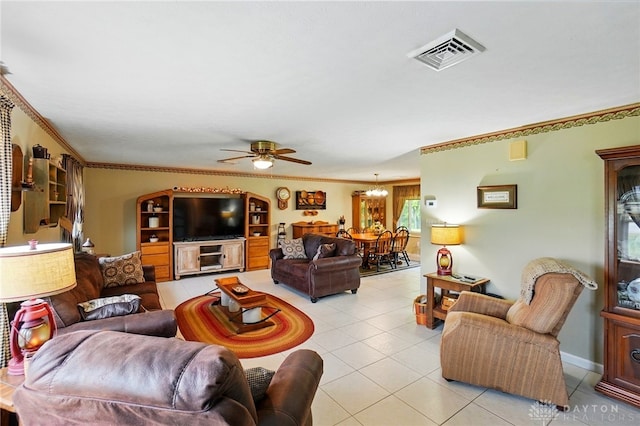 8590 Euphemia Castine Rd, Lewisburg, OH 45338 - living area featuring ceiling fan, light tile patterned flooring, ornamental molding, and a chandelier
