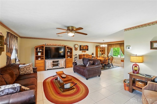 8590 Euphemia Castine Rd, Lewisburg, OH 45338 - living area featuring a ceiling fan, light tile patterned floors, a chandelier, and ornamental molding