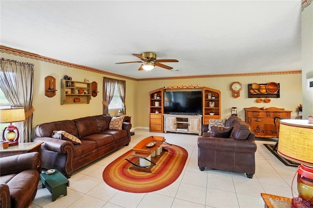 8590 Euphemia Castine Rd, Lewisburg, OH 45338 - living area with ceiling fan, light tile patterned flooring, and crown molding