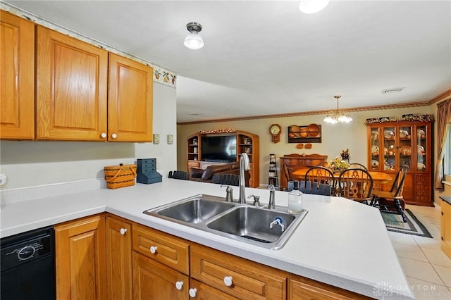 8590 Euphemia Castine Rd, Lewisburg, OH 45338 - kitchen with a sink, a chandelier, light countertops, light tile patterned flooring, and ornamental molding