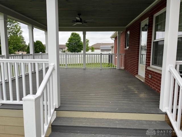 125 Honeysuckle Way, Eaton, OH 45320 - wooden deck featuring ceiling fan