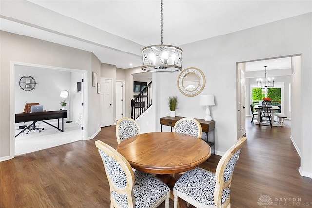 1691 Arden Bnd, Fairborn, OH 45324 - dining space with a chandelier, dark wood-style flooring, baseboards, and an office area
