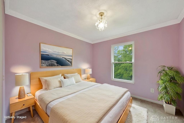 406 Forge Dr, Lebanon, OH 45036 - bedroom featuring crown molding, baseboards, light carpet, and a chandelier