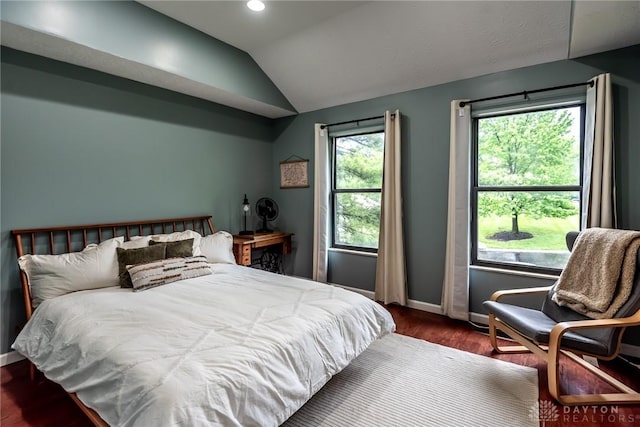 9492 Colegate Way, West Chester, OH 45011 - bedroom with lofted ceiling, baseboards, dark wood-style flooring, and recessed lighting