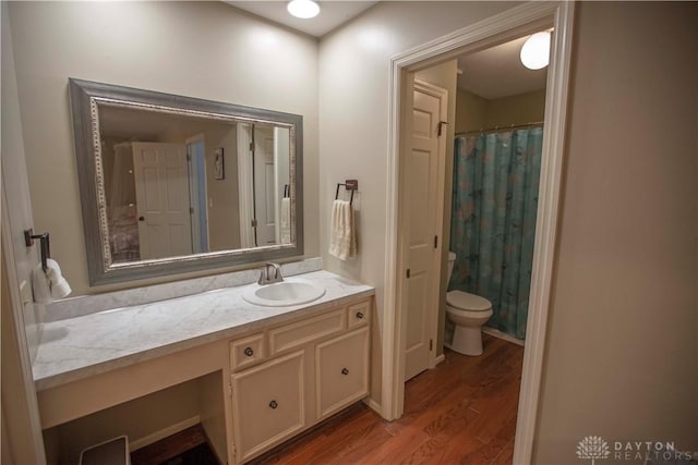 40 Nicholson Ct, Washington Twp, OH 45459 - bathroom featuring toilet, wood finished floors, vanity, and a shower with shower curtain