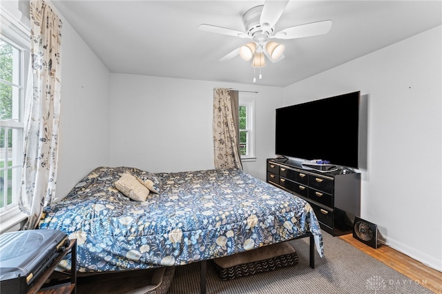 1012 W Sparrow Rd, Springfield, OH 45502 - bedroom with wood finished floors, multiple windows, a ceiling fan, and baseboards