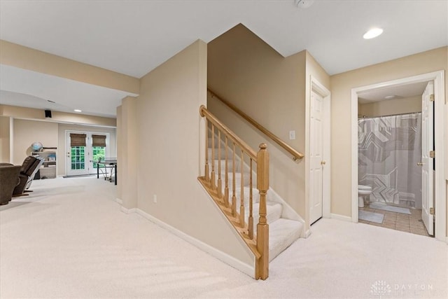 1422 Shawnee Run Dr, Maineville, OH 45039 - staircase with carpet flooring, french doors, baseboards, and recessed lighting