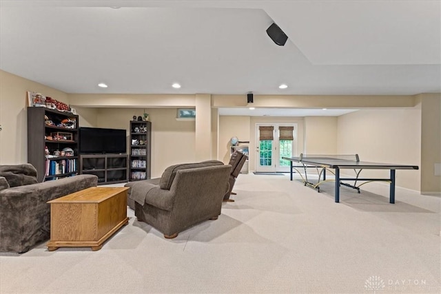 1422 Shawnee Run Dr, Maineville, OH 45039 - living room with light carpet, recessed lighting, and french doors