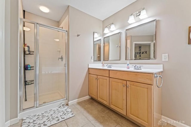 1422 Shawnee Run Dr, Maineville, OH 45039 - full bathroom featuring a shower stall, double vanity, tile patterned flooring, and baseboards