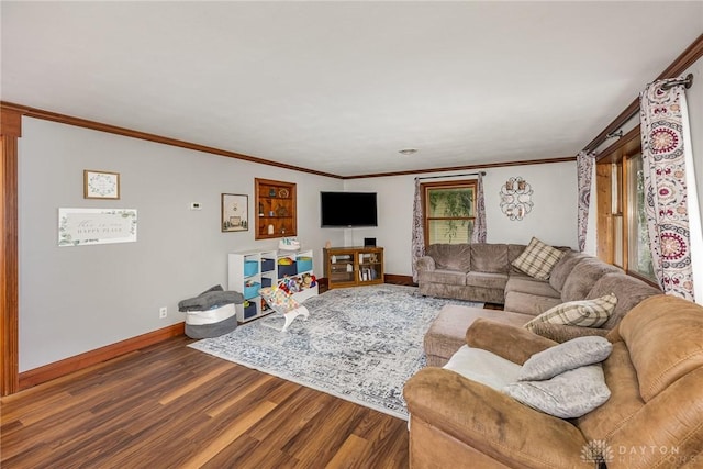 107 S High St, Arcanum, OH 45304 - living area featuring dark wood-type flooring, baseboards, and ornamental molding